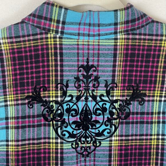 Soft Surroundings M Highlands Plaid Velvet Cuff Shirt Turquoise Pink Boho - Picture 6 of 14